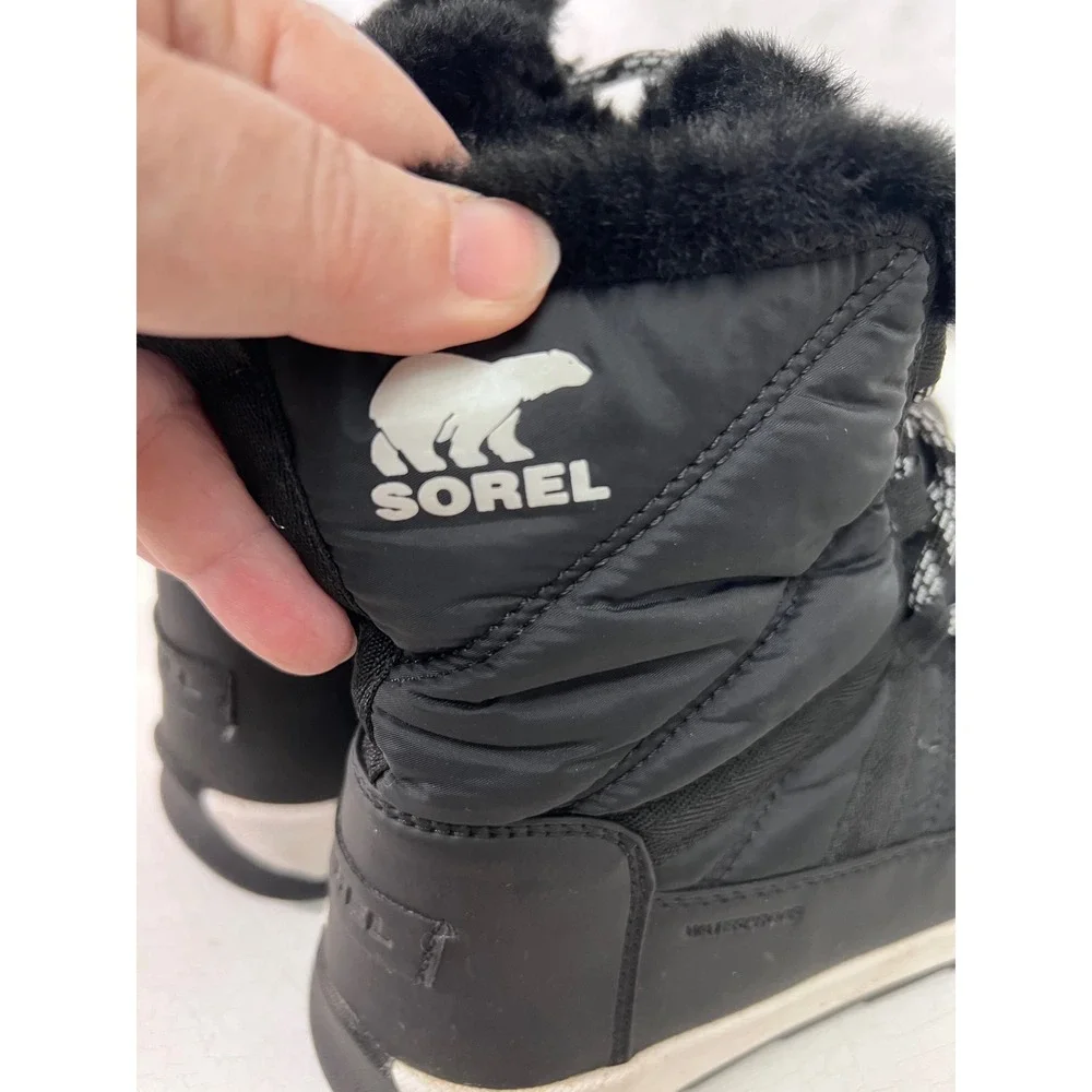 Sorel Whitney II Short Lace Waterproof Black Winter Boots Faux Fur Kids
